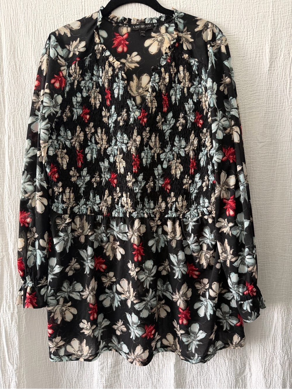 Lane Bryant Black Floral Smocked Mini Skirt with Red and Light Blue Blooms